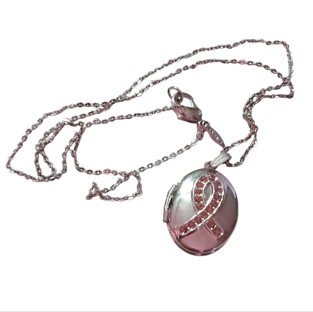 New Avon Breast Cancer Awareness Silver & Pink Crystals Locket Necklace